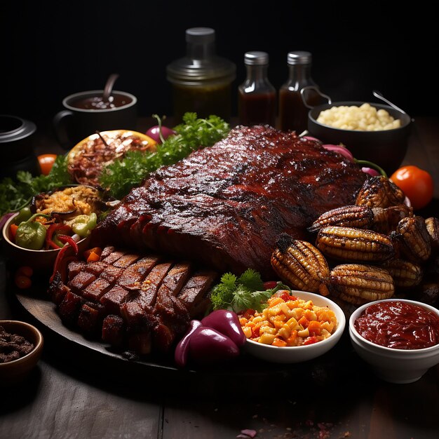 Barbecue Barbecue fumant lentement de la viande avec diverses sauces populaires aux États-Unis et dans d'autres pays générés par l'IA