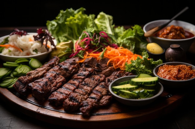 Barbecue coréen traditionnel avec de la viande grillée et des emballages de laitue