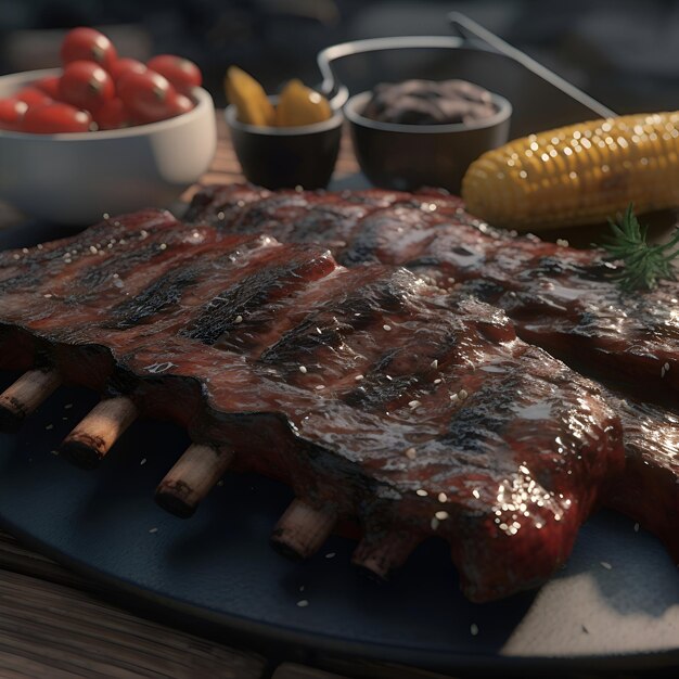 Barbecue côtes grillées avec du maïs et de la sauce sur une table en bois