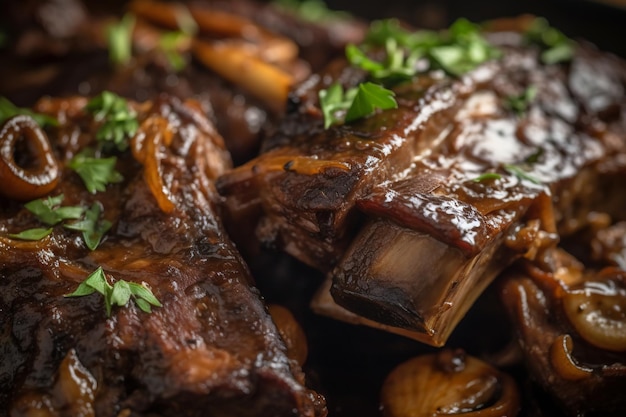 Barbecue de côtes juteuses servi avec des épices vertes repas de barbecue d'été avec de la viande fraîche et savoureuse sur les côtes généré par l'IA