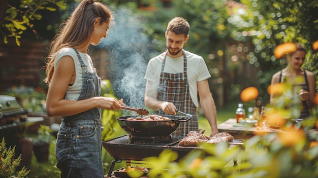 Barbecue cuisinant des amis appréciant la nourriture et la compagnie