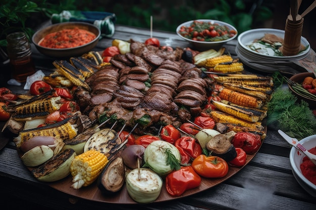 Barbecue dans l'arrière-cour, brochettes de poulet picanha juteuses et légumes grillés dans une IA générative animée