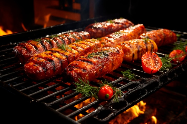 Barbecue avec de délicieuses saucisses sur le grill