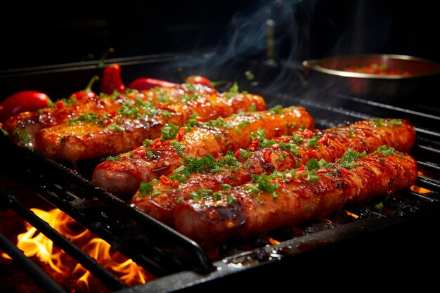 Barbecue avec de délicieuses saucisses sur le grill