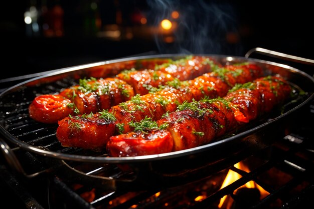 Barbecue avec de délicieuses saucisses sur le grill