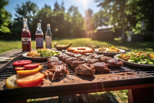 Barbecue ensoleillé avec des amis et grillage de viande générative IA