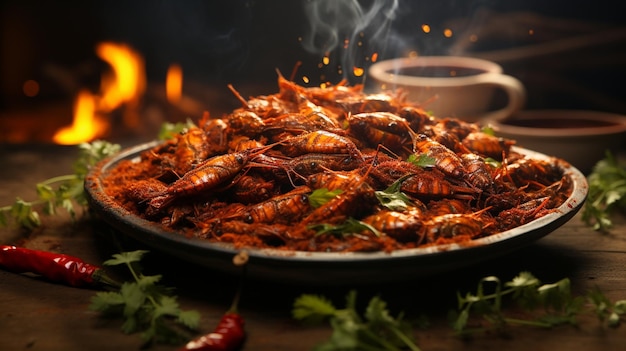 Un barbecue d'été vibrant, une photographie de nourriture protéinée, des sauterelles grillées délicieuses exposées sur une table.