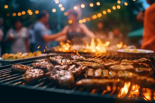 Barbecue extérieur avec amis et famille steak grillé et poulet avec fond de personne floue