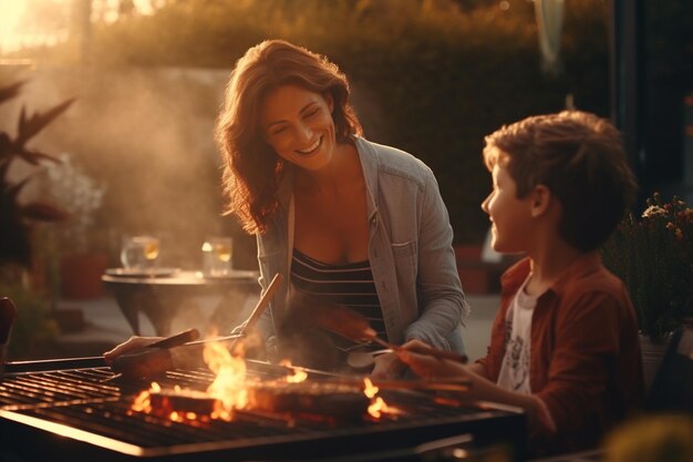 Photo barbecue familial en plein air avec une mère et son ai génératif