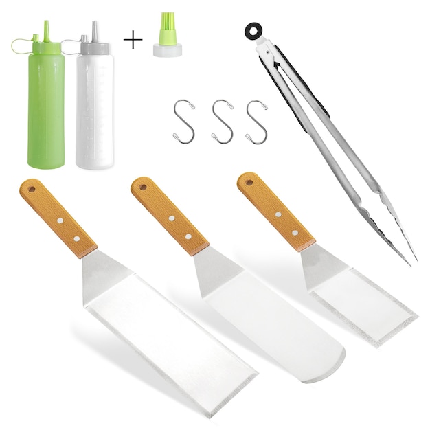 Barbecue et grill spatule bouteille crochet pinces outils mis sur fond blanc