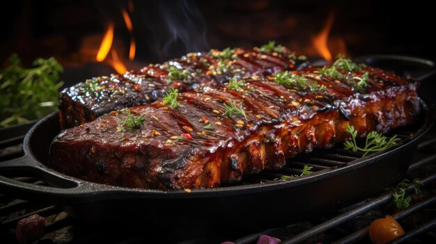 Barbecue grillé réaliste avec sauce barbecue fondue et légumes coupés noir et fond flou