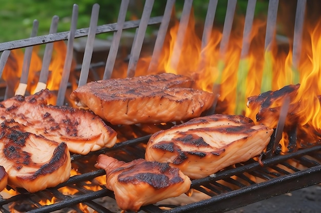 Barbecue party viande grillée juteuse grillant un steak sur un gril à feu