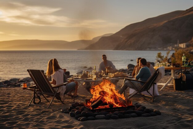 Barbecue sur la plage avec des amis et de la famille rassemblés autour