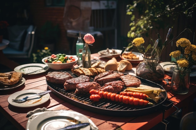 Barbecue en plein air avec des amis heureux IA générative