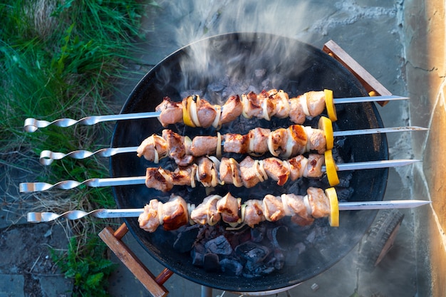 Barbecue de porc chaud cuisant sur le gril avec des épices.