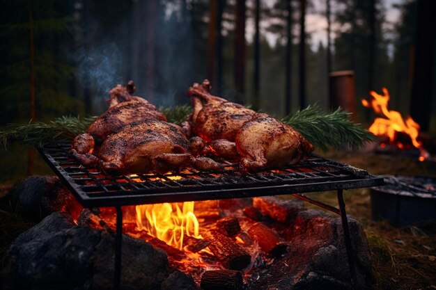 Un barbecue avec des seins de perdrix en train de cuisiner