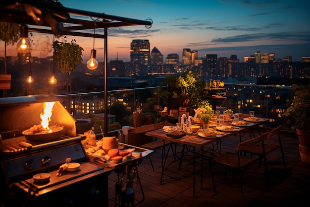 Barbecue sur le toit du bâtiment généré par l'IA