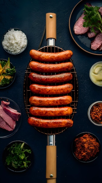 Photo barbecue traditionnel argentin avec des saucisses et de la viande de vache papier peint mobile vertical