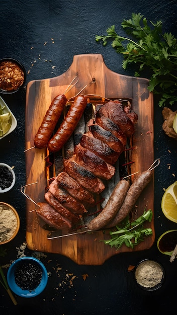 Photo barbecue traditionnel argentin avec des saucisses et de la viande de vache papier peint mobile vertical