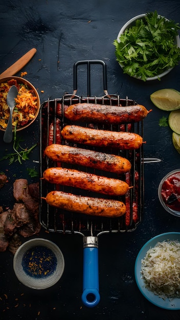Barbecue traditionnel argentin avec des saucisses et de la viande de vache papier peint mobile vertical