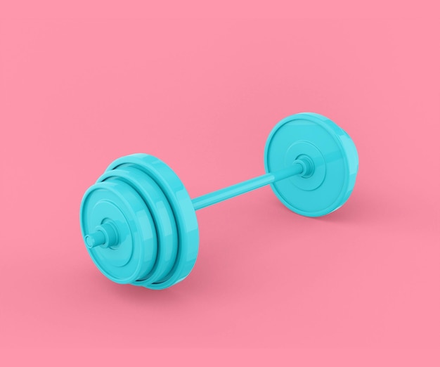 Barbell bleu sur fond rose. Objet de design minimaliste. rendu 3D.