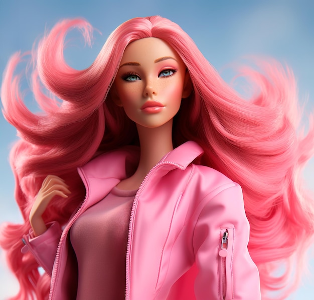 Barbie 3d aux cheveux roux longs cheveux roses raides portant une tenue rose ultra réaliste