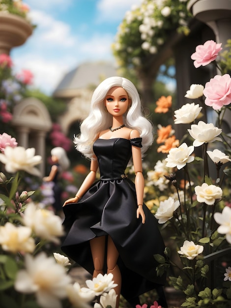Une Barbie aux cheveux blancs et à la robe noire se tient dans un jardin fleuri