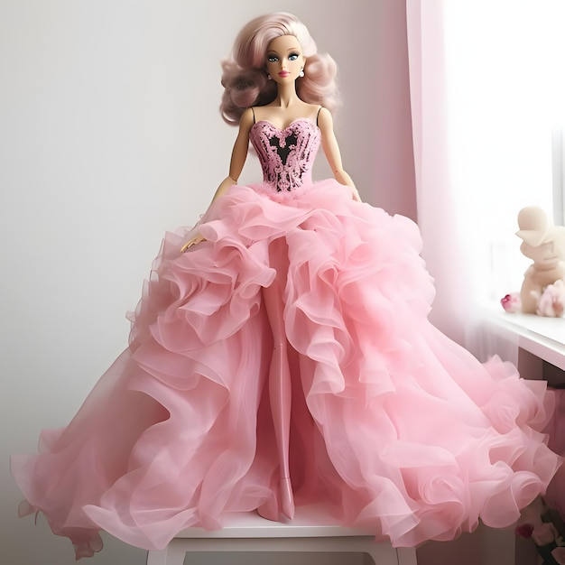 Barbie blonde mignonne portant un élégant vêtement rose posé sur fond clair Vue de face