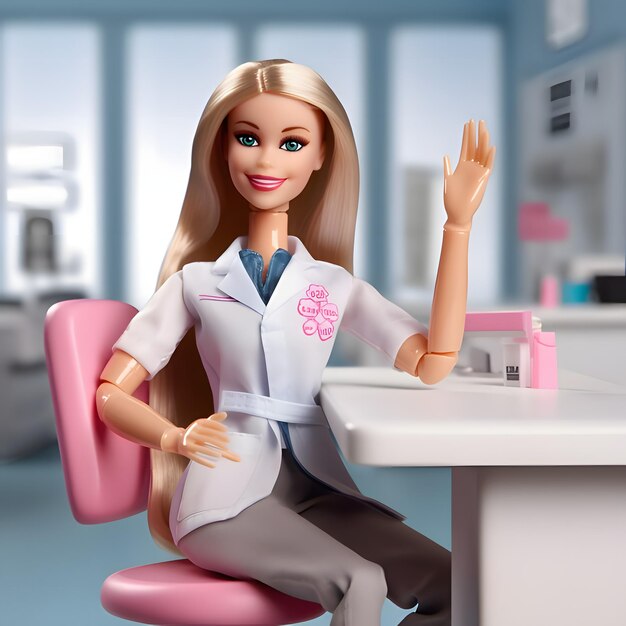 Barbie blonde mignonne portant une tenue légère est assise avec sa main levée sur un arrière-plan flou Vue de face