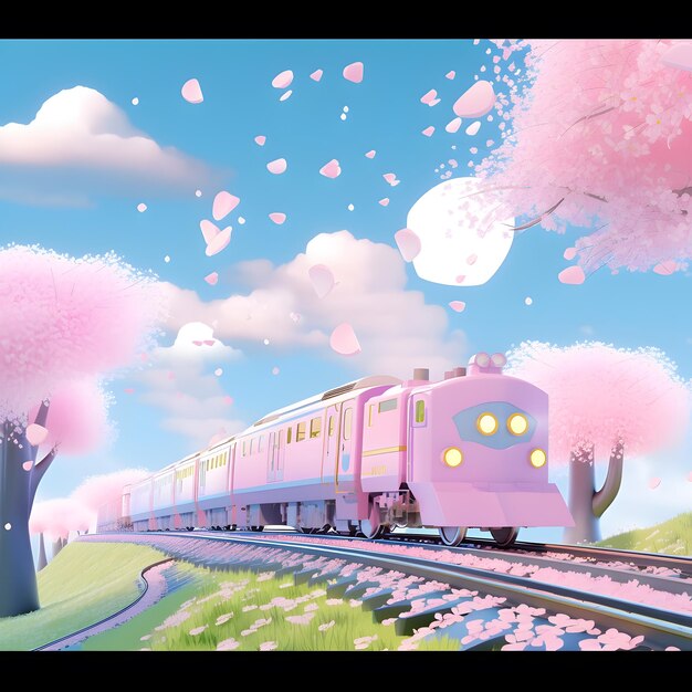 Barbie comme rose illustration 3D et animation du train rose avec fleur de sakura dessin animé romantique