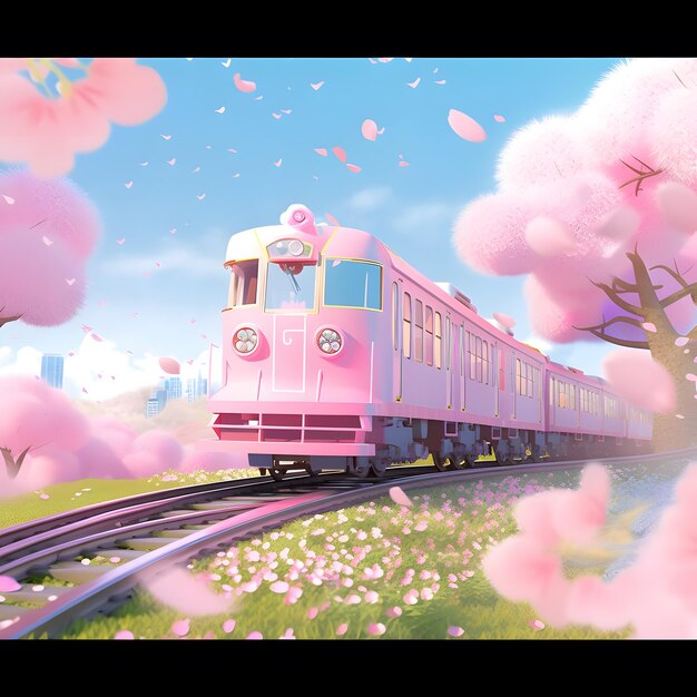 Barbie comme rose illustration 3D et animation du train rose avec fleur de sakura dessin animé romantique