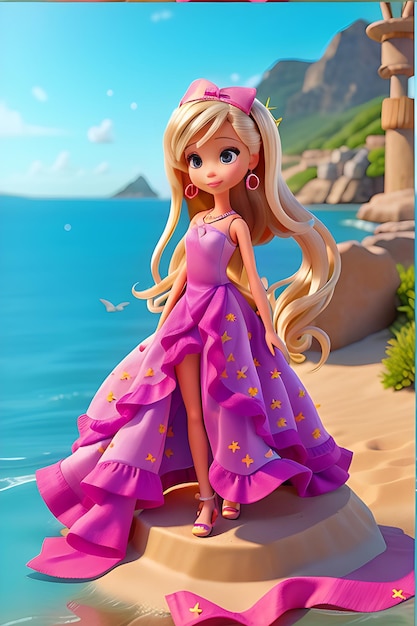 Barbie d'été réaliste avec robe courte et sac pour femme en vue sur la mer 8k