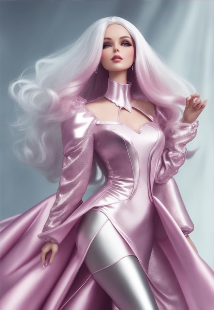 Barbie Femme Vêtue D'une Robe Argentée Rose à La Mode Avec Une