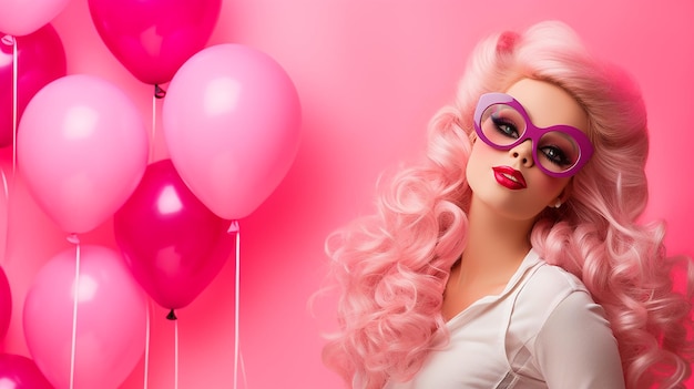 Barbie Girl avec des ballons sur fond rose