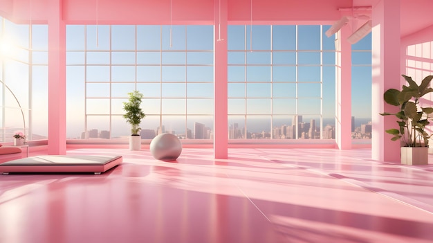 Barbie intérieur rose d'un salon moderne avec des murs roses gymnase canapés blancs et de grandes fenêtres