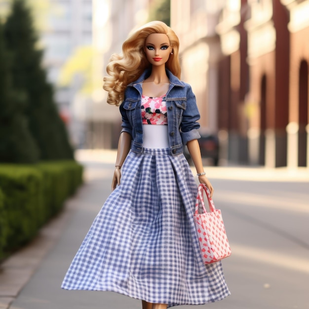 Barbie en jupe longue à imprimé Vichy avec une veste en jean et des baskets blanches Generative AI