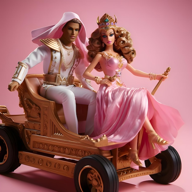 Barbie et Ken dans une calèche dorée sur fond rose