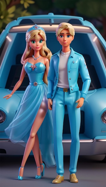 Barbie et Ken dans la voiture bleu clair