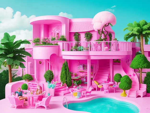 barbie maison rose avec palmier et piscine