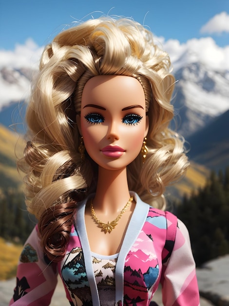 Une Barbie avec un paysage de montagne en arrière-plan