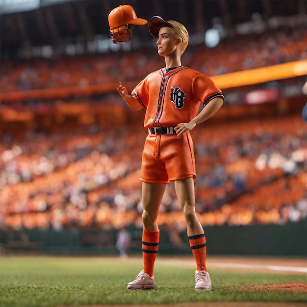 Barbie portant un maillot de baseball coloré dans un stade