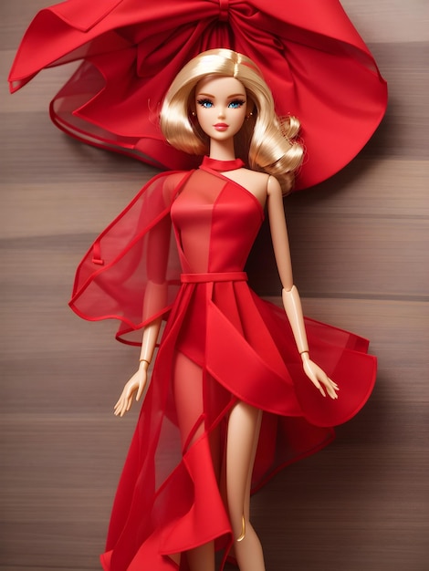 Barbie portant une robe asymétrique rouge à panneaux semi-transparents