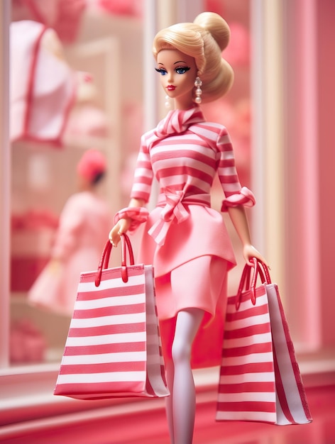 Photo barbie poupée avec des sacs d'achat photo de stock dans le style de la photo de haute qualité rayées teintes pastel
