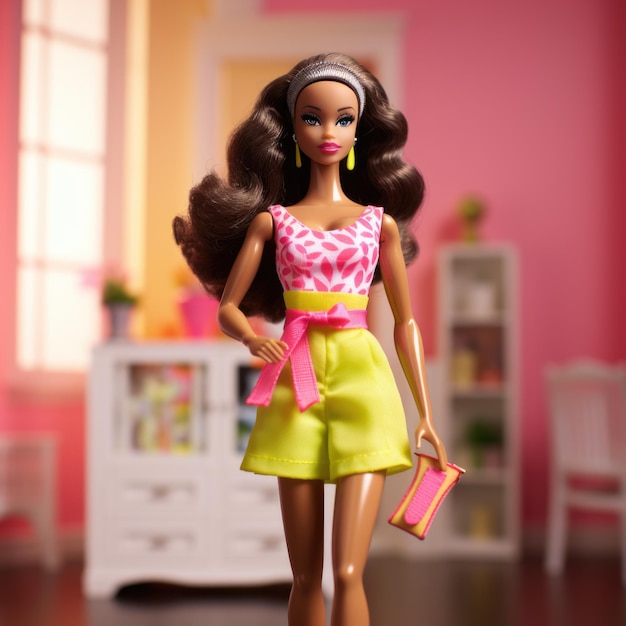 Barbie en robe d'été fluo avec une ceinture tendance et des espadrilles compensées Generative AI