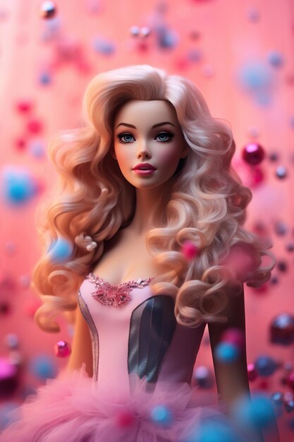 une barbie avec une robe rose et un nœud noir sur le cou