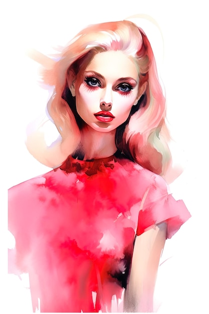 Barbie style aquarelle fond blanc tenue rose