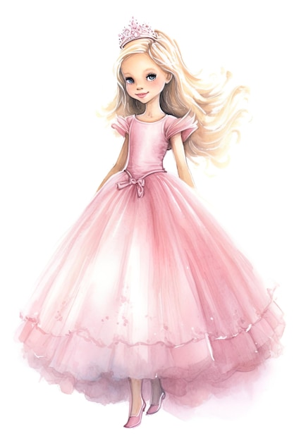 Barbie style aquarelle fond blanc tenue rose