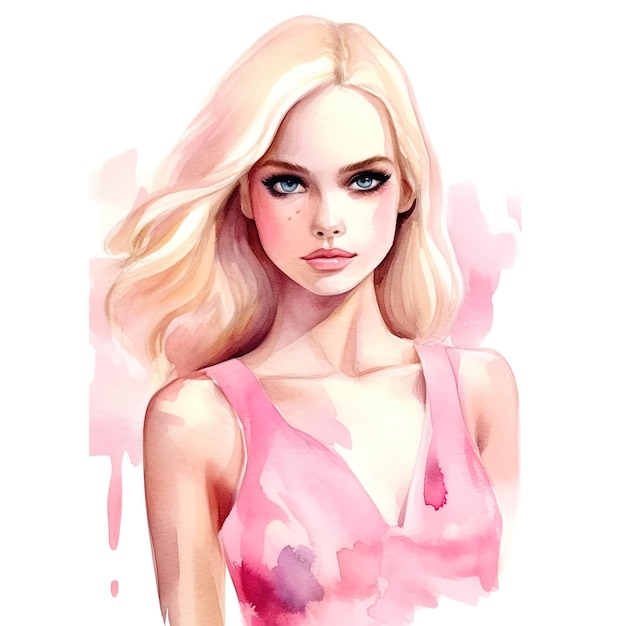 Barbie style aquarelle fond blanc tenue rose