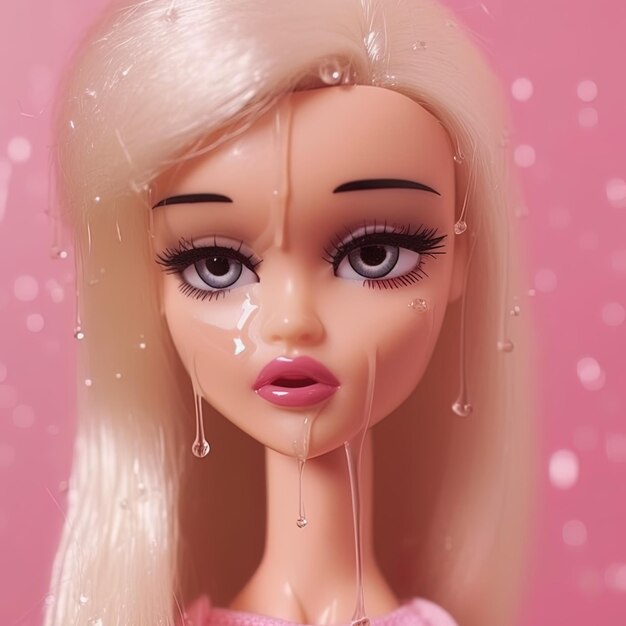 Barbie avec la tenue rose fond rose gros plan