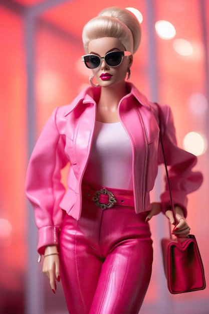 Photo barbie en tenue rose avec des lunettes de soleil et un sac à main dans le style du réalisme softfocused